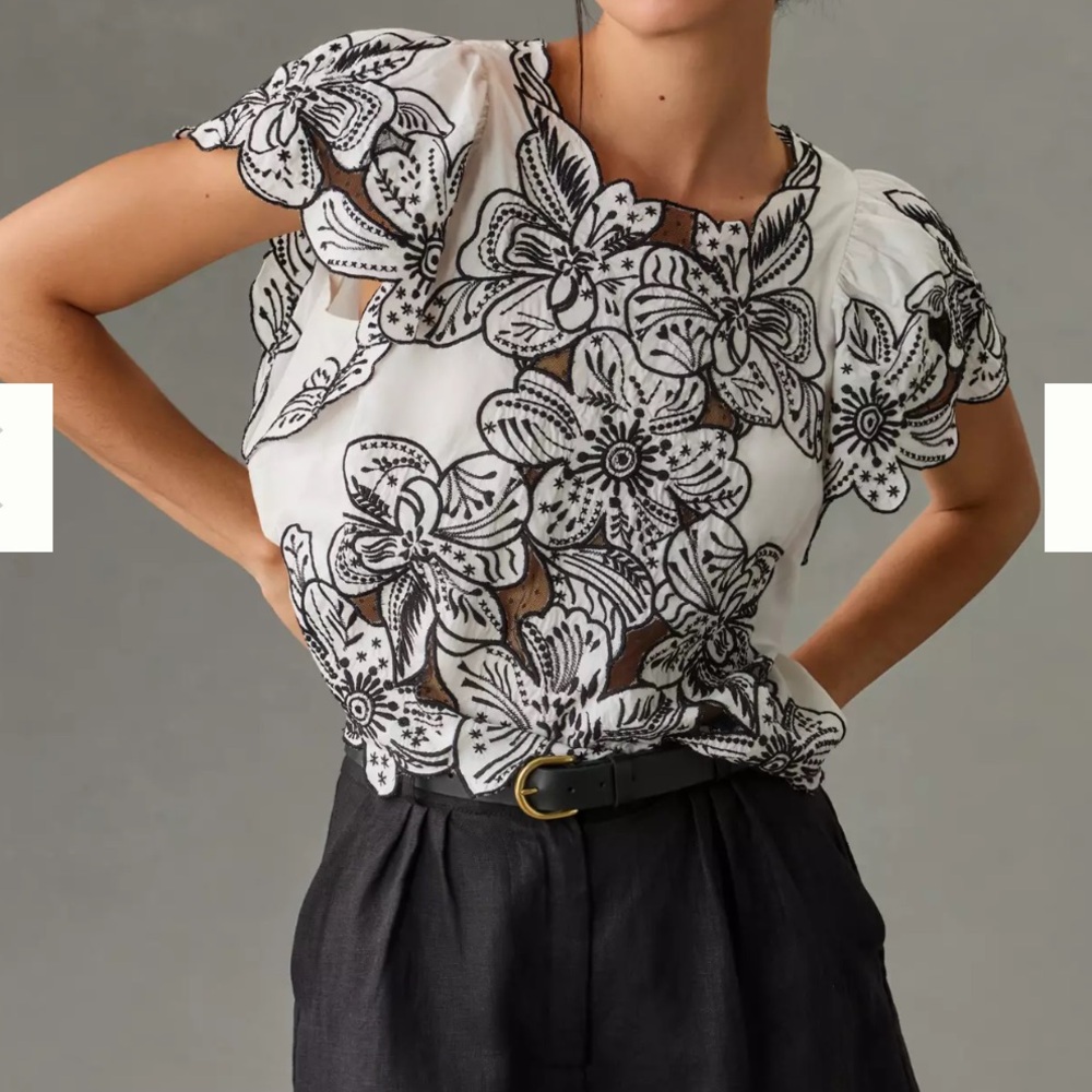 By Anthropologie Beautiful Embroidered Ruffle-Sleeve Blouse in Size XS